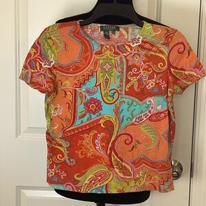 Lauren Ralph Lauren Petite Tshirt Paisley Short Sleeve 100% Cotton Size P/M